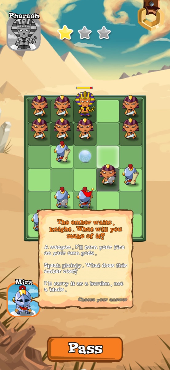 The Pharaoh offering the ember in Battle Board 8.4.2, with three replies to choose from